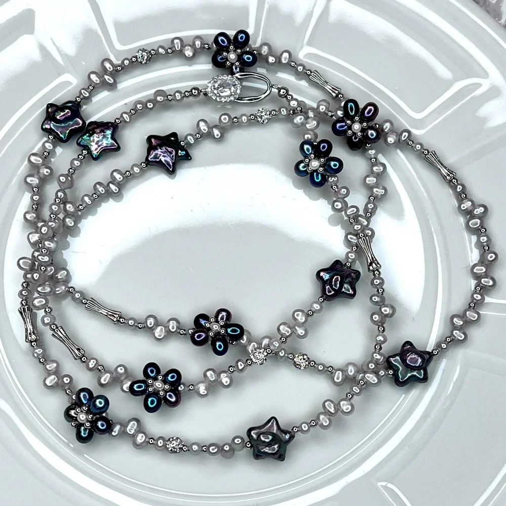 Handmade Freshwater Silvery Gray Peacock Flower 🌺 Star  Pearl Ex Long Necklace - Picture 2 of 5